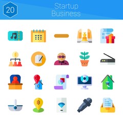 startup business icon set. 20 flat icons on theme startup business. collection of calendar, basket, minus, wifi, boss, bodyguard, software, ticket, contract, scan, smart home