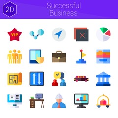 successful business icon set. 20 flat icons on theme successful business. collection of briefcase, two ways, pie chart, team, blueprint, limousine, bank, navigation, Goal