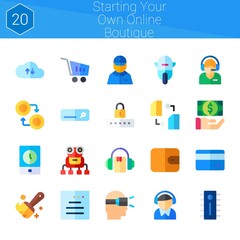 starting your own online boutique icon set. 20 flat icons on theme starting your own online boutique. collection of delivery man, audiobook, website, controller, wallet