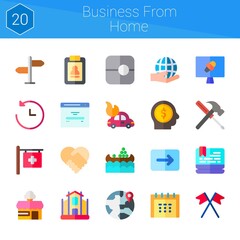 business from home icon set. 20 flat icons on theme business from home. collection of calendar, handshake, shop, flag, signpost, past, news report, laptop, clipboard, tools