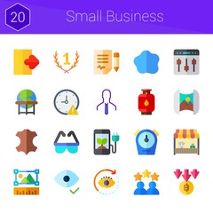 small business icon set. 20 flat icons on theme small business. collection of settings, mapping, smartphone, document, custom, rating, leather, eye, view, logout, safety