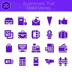 businesses that make money icon set. 20 filled icons on theme businesses that make money. collection of Psd, Locker, Email, Background, Growth, Cash register, Wallet, Luggage