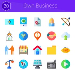own business icon set. 20 flat icons on theme own business. collection of play, move, wifi, deal, 360 degrees, upload, church, scale, house, folder, graphic tablet, compass