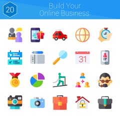 build your online business icon set. 20 flat icons on theme build your online business. collection of bodyguard, smartphone, suitcase, briefcase, mobile, house, departures