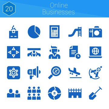 online businesses icon set. 20 filled icons on theme online businesses. collection of Hidden camera, Percentage, Friends, Toboggan, Arrival, Crane, Compass, Call center, Megaphone