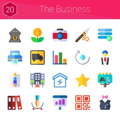 the business icon set. 20 flat icons on theme the business. collection of server, rotate, manager, printer, truck, screen, archive, staff, graph, id card, spear, bank