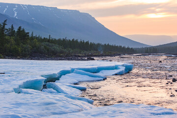 Banks of the river Hoisey. Polar day on Putorana Plateau, Russia