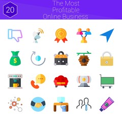 the most profitable online business icon set. 20 flat icons on theme the most profitable online business. collection of antenna, handshake, rotate, sofa, dislike, video camera