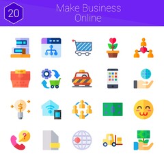make business online icon set. 20 flat icons on theme make business online. collection of parking, smartphone, satisfied, forklift, smart home, duplex, telephone, typewriter