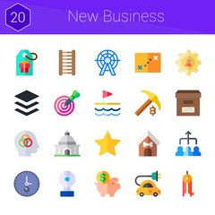 new business icon set. 20 flat icons on theme new business. collection of flag, stairs, london eye, archive, human resources, mining, intelligence, saving, electric car, dart