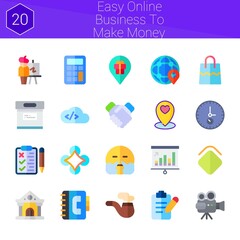 easy online business to make money icon set. 20 flat icons on theme easy online business to make money. collection of college, calculator, handshake, easel, phonebook, bag