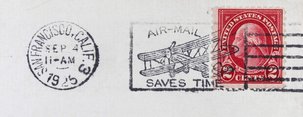 briefmarke stamp gestempelt used frankiert cancel vintage retro alt old slogan air mail saves time usa amerika america san francisco 1925 george washington