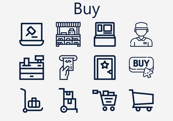 Premium set of buy [S] icons. Simple buy icon pack. Stroke vector illustration on a white background. Modern outline style icons collection of Dressing room, Auction, Cash register, Shopping cart