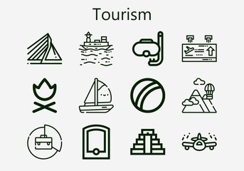 Premium set of tourism [S] icons. Simple tourism icon pack. Stroke vector illustration on a white background. Modern outline style icons collection of Mountains, Rotterdam, Airplane, Campfire
