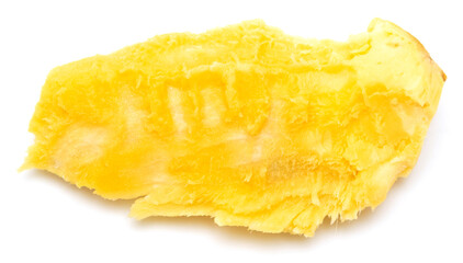 Peeled mango on a white background.