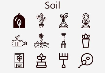 Premium set of soil [S] icons. Simple soil icon pack. Stroke vector illustration on a white background. Modern outline style icons collection of Plant, Fertilization, Pitchfork, Plants, Rake