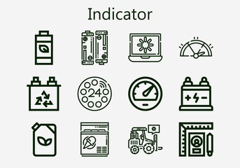 Premium set of indicator [S] icons. Simple indicator icon pack. Stroke vector illustration on a white background. Modern outline style icons collection of Dial, Freezer, Loading, Battery, Speedometer