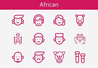 Premium set of african line icons. Simple african icon pack. Stroke vector illustration on a white background. Modern outline style icons collection of Rhino, Printing, Slavery, Camel, Hippopotamus