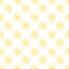 Seamless pattern with bright yellow suns on a white background. Vector. Use for fabric, baby clothes, wrapping paper, backdrops.