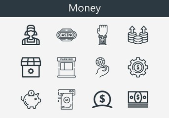 Premium set of money line icons. Simple money icon pack. Stroke vector illustration on a white background. Modern outline style icons collection of Money, Coin, Shop, Casino, Dollar, Clerk