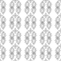 Seamless pattern with black  flowers and leaves on a white background. Suitable for fabric, wrapping paper, wallpaper, bags, clothes, dishes, cases on smartphones and tablets, wallets.