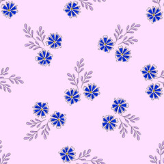Vector seamless pattern with floral, repeating element. Pattern with a blue flower on a pink background. Use in textiles, clothing, wallpaper, design, baby backgrounds, wrapping paper.