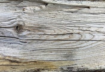 Naklejka na ściany i meble Texture of old gray cracked wood. Old, weathered, rotten plank, with wooden knots, peeled-off and cracked surface