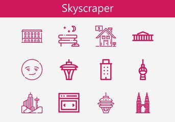 Premium set of skyscraper line icons. Simple skyscraper icon pack. Stroke vector illustration on a white background. Modern outline style icons collection of Building, Petronas, Slider, British museum