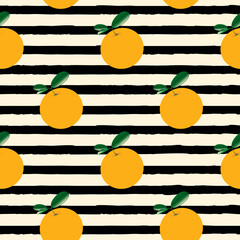 Summer fruit seamless pattern with fresh oranges and green leaves on a striped backdrop. Cartoon vector background with stylized citrus fruits, suitable for wallpaper design, wrapping paper, fabric