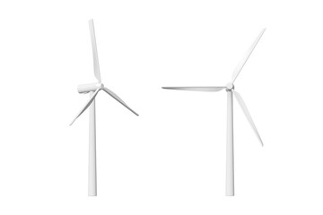 Wind turbines isolated on white background or windmill generator. 3D rendering.