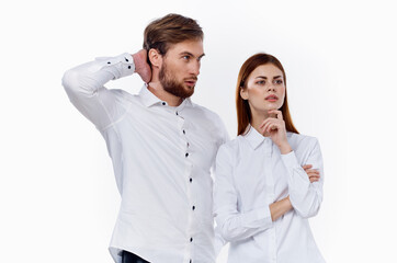 partners at work employees men and women in white shirts on a light background mockup conflict