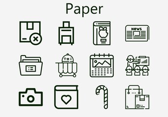 Premium set of paper [S] icons. Simple paper icon pack. Stroke vector illustration on a white background. Modern outline style icons collection of Food cart, Candy cane, Newspaper, Book