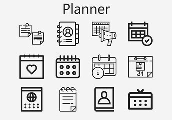Premium set of planner [S] icons. Simple planner icon pack. Stroke vector illustration on a white background. Modern outline style icons collection of Notepad, Calendar, Agenda