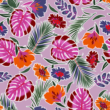 Colorful and bright summer hand drawn seamless pattern with leaves flowers ,tropical monstera , foliage , Background with florals vector