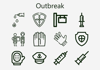 Premium set of outbreak [S] icons. Simple outbreak icon pack. Stroke vector illustration on a white background. Modern outline style icons collection of Glove, Shield, Gloves, Syringe, Sign