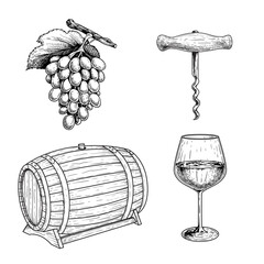 Wine sketch set. Grape, corkscrew, wine barrel or cask and glass of wine. Hand drawn vector illustrations for menu or package designs. Isolated on white background.