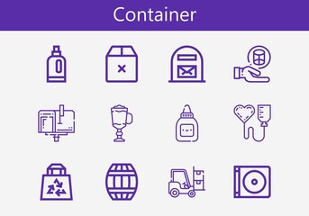 Premium set of container line icons. Simple container icon pack. Stroke vector illustration on a white background. Modern outline style icons collection of Cylinder, Detergent, Dvd, Mailbox