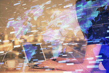 Multi exposure of woman hands working on computer and data theme hologram drawing. Tech concept.