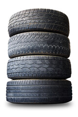 Old car tires Put on top of each other 4 lines on white background.