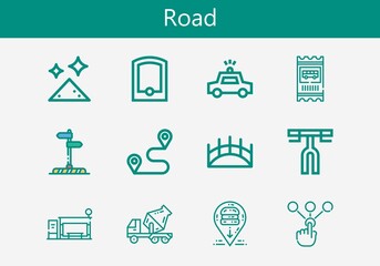 Premium set of road line icons. Simple road icon pack. Stroke vector illustration on a white background. Modern outline style icons collection of Bus ticket, Dust, Choice