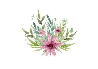Bouquet watercolor red flowers and green leaves. Design frolar banner isolated on white background