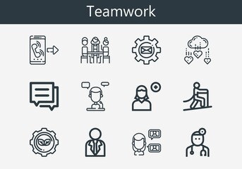Premium set of teamwork line icons. Simple teamwork icon pack. Stroke vector illustration on a white background. Modern outline style icons collection of Add user, Call