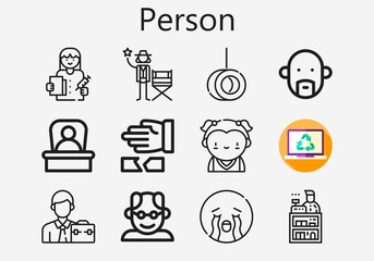 Premium set of person [S] icons. Simple person icon pack. Stroke vector illustration on a white background. Modern outline style icons collection of Boss, Martial arts, Grandfather, Clerk