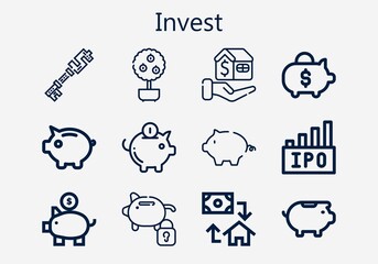Premium set of invest [S] icons. Simple invest icon pack. Stroke vector illustration on a white background. Modern outline style icons collection of Money tree, Mortgage, Piggy bank, Ipo