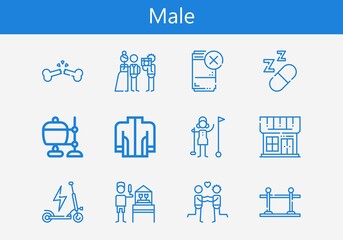 Premium set of male line icons. Simple male icon pack. Stroke vector illustration on a white background. Modern outline style icons collection of Broken bone, Shop, Jacket, Sleeping, Scooter
