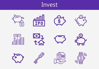 Premium set of invest line icons. Simple invest icon pack. Stroke vector illustration on a white background. Modern outline style icons collection of Mortgage, Piggy bank, Ipo, Investment