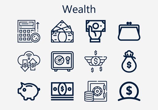 Premium set of wealth [S] icons. Simple wealth icon pack. Stroke vector illustration on a white background. Modern outline style icons collection of Money, Purse, Safebox, Piggy bank, Budget