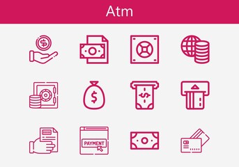Premium set of atm line icons. Simple atm icon pack. Stroke vector illustration on a white background. Modern outline style icons collection of Money, Receipt, Safebox, Payment method, Atm