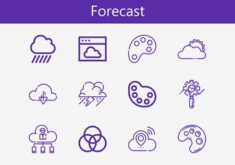 Obraz premium Premium set of forecast line icons. Simple forecast icon pack. Stroke vector illustration on a white background. Modern outline style icons collection of Palette, Storm, Rain, Sun cloud, Cloud