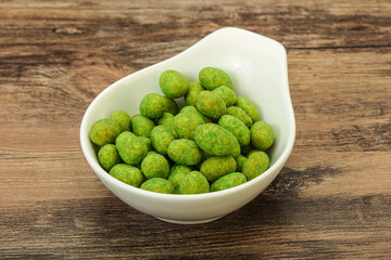 Spicy wasabi peanuts in the bowl